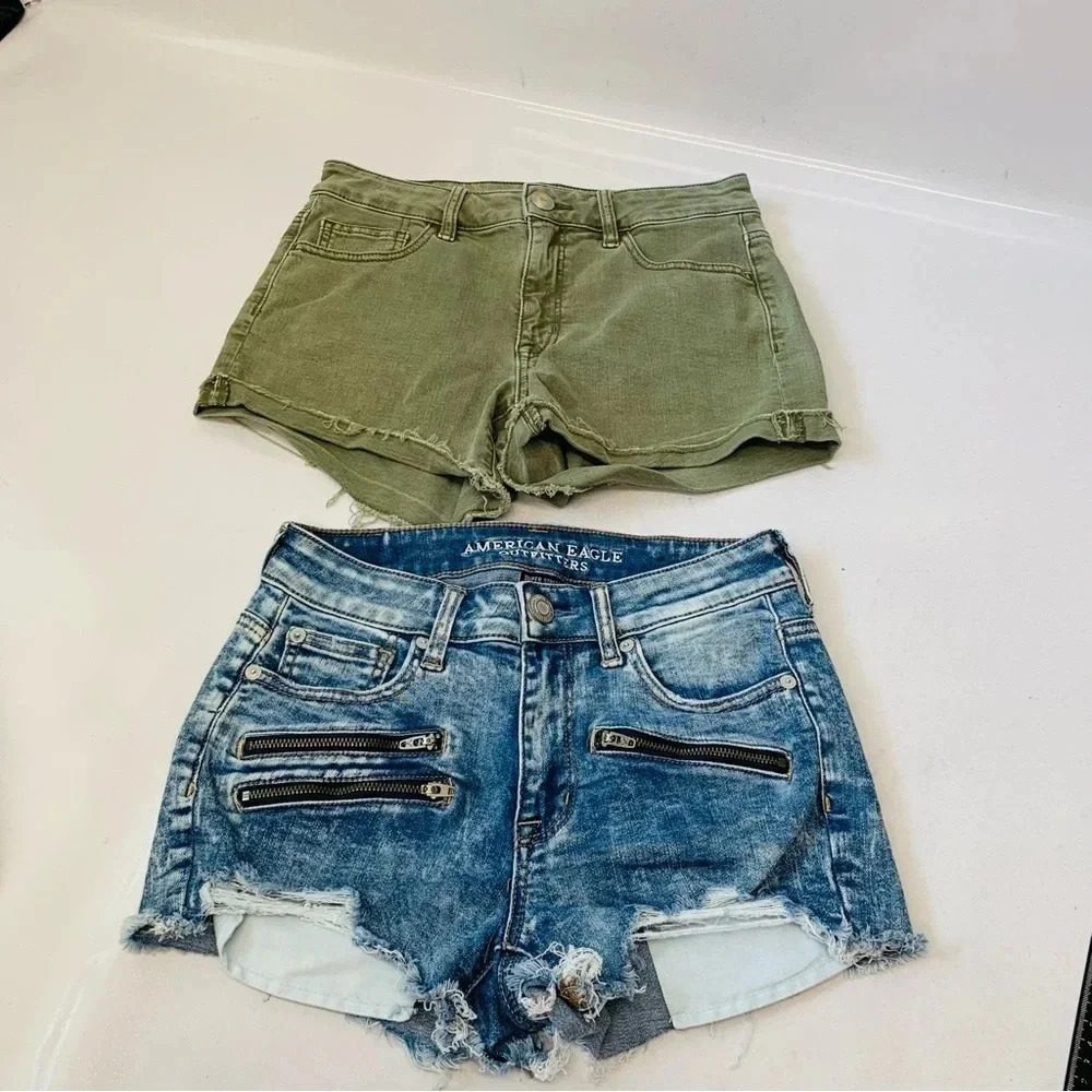 American Eagle Hi Rise Shortie Cut Off‎ Shorts Woman Lot/2 Sz 4 Stretch Green